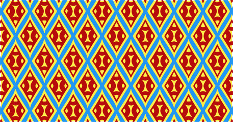 Colorful diamond geometric pattern combining red, blue, and yellow tones with symmetrical repeating shapes for a bold and vibrant look.