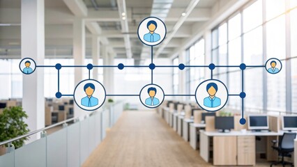 A modern office space featuring collaborative workstations, depicted with a network of connected individuals, highlighting teamwork and communication.