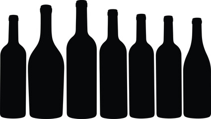 Wine bottle silhouette vector illustration set, various bottle shapes design, black glass bottle collection for bar, beverage, restaurant, and packaging concept