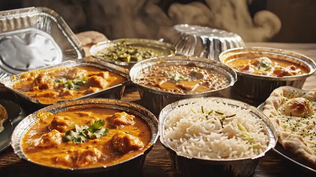 Variety of indian cuisine dishes with rice curry and bread in aluminum containers on a wooden table