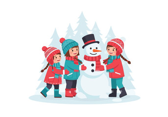 Children Building a Snowman Together in Winter
