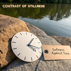 Minimal Paper Clock on Rock Showing Contrast Against Water