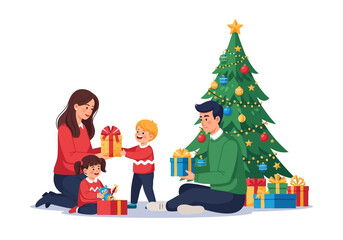 Happy Family Celebrating Christmas with Gifts near Decorated Tree