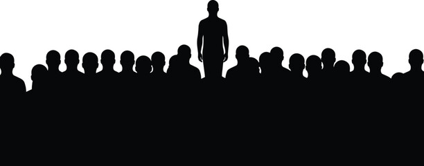 Silhouette, people, standing, crowd, leader, individuality, contrast, black, white, group, motionless, posture, unity, separation, elevated, center, design, reference, gesture, concept