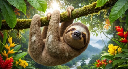 Obraz premium Sloth hanging from a tree branch surrounded by lush tropical foliage and flowers