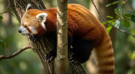 Red panda climbing a tree branch surrounded by green foliage in natural habitat
