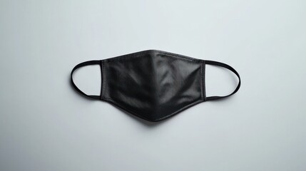 A black leather face mask on a white background.