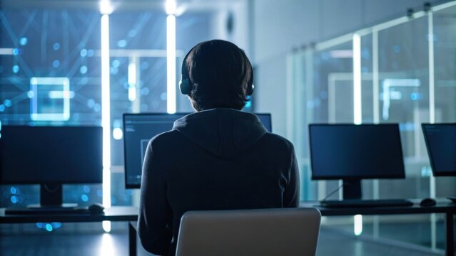 A person wearing a headset sits in front of multiple computer screens, surrounded by futuristic digital visuals, suggesting a tech-focused environment.
