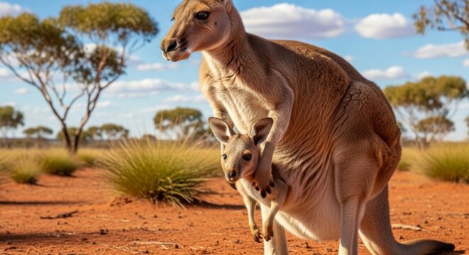 Kangaroo mother with joey in a natural desert environment with sparse trees