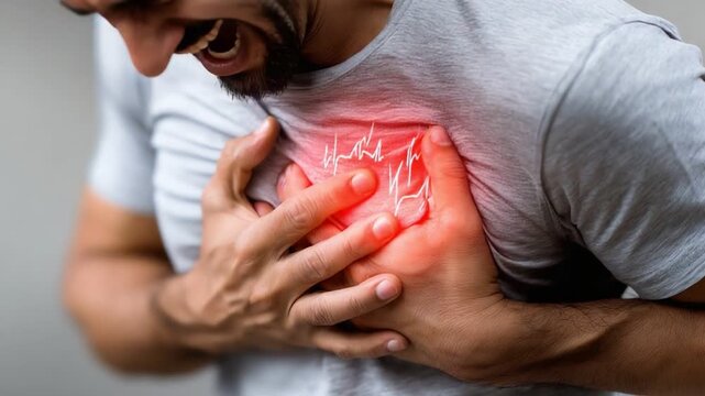 A man experiences acute chest pain, highlighting the significance of heart health awareness