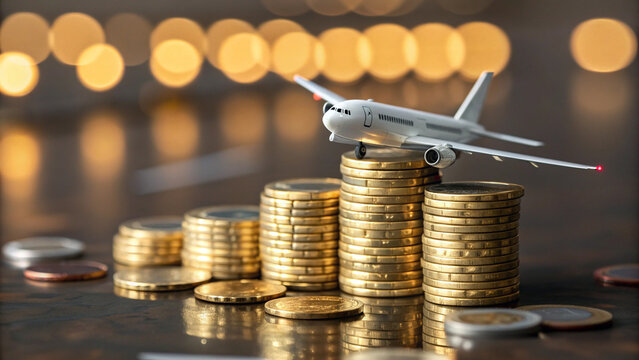 A miniature airplane atop stacks of gold coins with blurred lights in the background creating bokeh effect