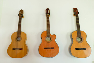 Naklejka premium Wooden Instruments - Guitars, Ukelele, Charango - on a white wall