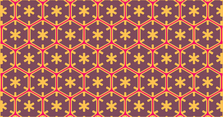 Soft purple background with clean geometric flower-like shapes in yellow, forming a repeating symmetrical decorative pattern.