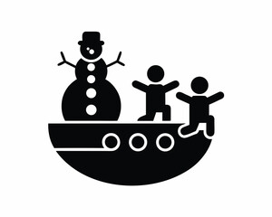 Snowman and kids winter fun icon silhouette vector isolated on white background