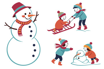 Snowman and kids winter fun silhouette vector isolated on white background