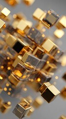 Abstract golden cubes floating against a blurred background modern design