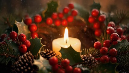 A lit candle surrounded by holly berries, pinecones, and evergreen branches dusted with snow, concept for holiday decorations, winter celebrations, and festive backgrounds
