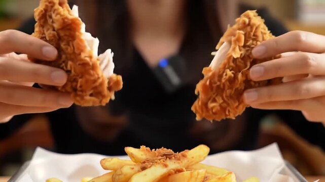 Slow-motion video of hands breaking a crispy piece of fried chicken to reveal juicy meat inside. Great for food advertising, fried food, or comfort meal themes