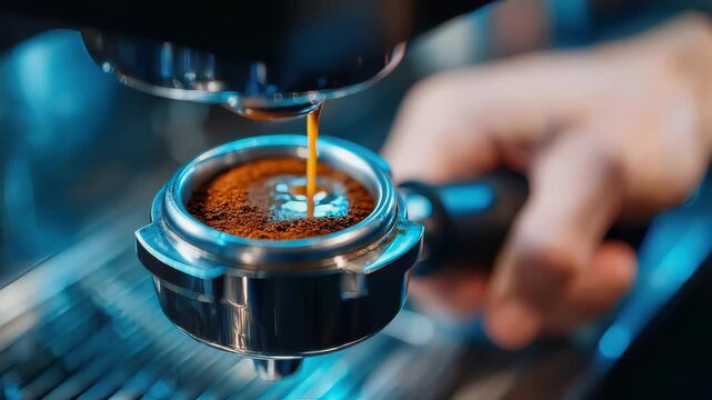 Close-up of barista tamping ground coffee into a metal portafilter with warm lighting