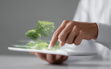 Focused man touching futuristic hologram of green nature projecting from digital tablet. concept of innovation, technology, environment, sustainability, and virtual reality