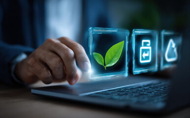 Businessman managing ESG, sustainability, and environment goals. Corporate social responsibility using green technology for future development in ecology and business concept