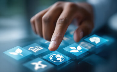 Focused finger touching futuristic screen with glowing blue icons for environment and sustainability. powerful concept for green technology, ecological conservation and future care