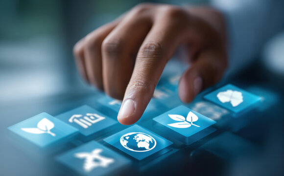 Focused finger touching futuristic screen with glowing blue icons for environment and sustainability. powerful concept for green technology, ecological conservation and future care