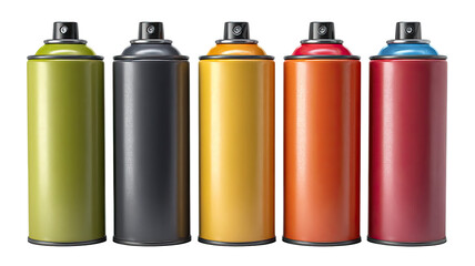 Set of colorful spray paint cans in vibrant shades artistic aerosol containers creative tools for painting close up isolated on white background