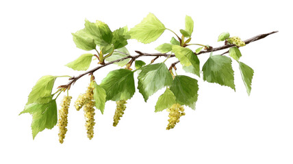 Branch of birch tree with green leaves fresh foliage nature botanical close up isolated on white background