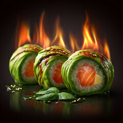 Flaming Gourmet Sushi Rolls Displayed with Avocado, Salmon, and Artistic Fire Effects