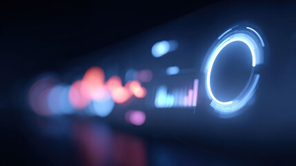 Futuristic digital interface with glowing blue neon circle and holographic hud display. Abstract technology background showing innovation, data visualization, and connection