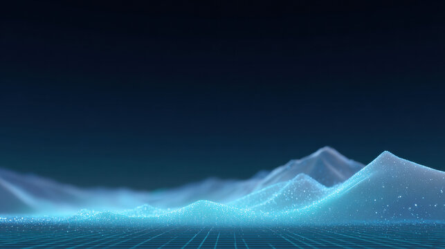 Serene digital landscape with futuristic blue glowing wireframe mountain and grid. An abstract background representing technology, cyberspace, and virtual reality with calm mood