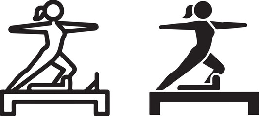 Silhouette of a woman performing a pilates exercise on a reformer machine, shown in both outline and solid black, representing fitness and physical activity icon on