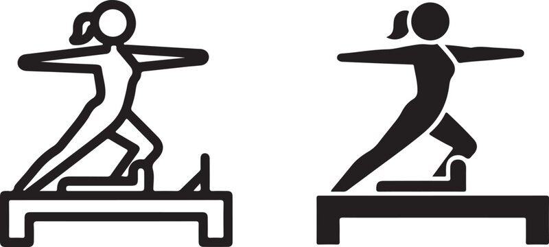Silhouette of a woman performing a pilates exercise on a reformer machine, shown in both outline and solid black, representing fitness and physical activity icon on