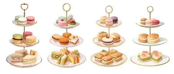 Elegant Three Tiered Afternoon Tea Stand with Scones Sandwiches and Macarons Isolated PNG for Hotel and Wedding Cafe

