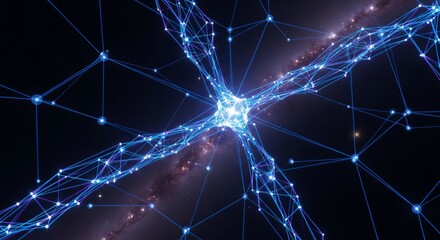 Abstract blue glowing light lines and stars create a magical, digital technology network in the night sky illustration