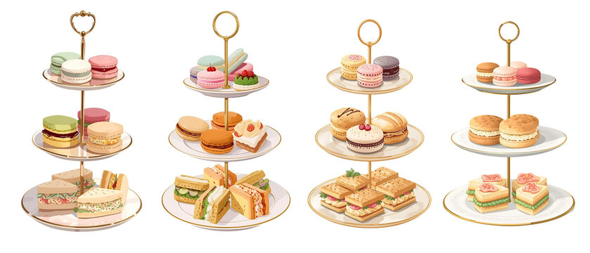 Elegant Three Tiered Afternoon Tea Stand with Scones Sandwiches and Macarons Isolated PNG for Hotel and Wedding Cafe

