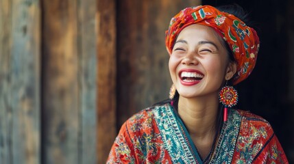 Fototapeta premium A woman in traditional clothing with a colorful headscarf and large earrings, smiling and looking to the side.