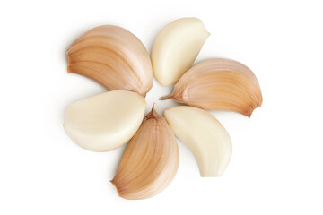 garlic cloves isolated on white background close up. Top view. Flat lay.