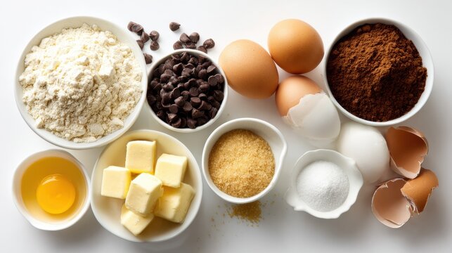 Baking ingredients for chocolate dessert with flour, eggs, butter, cocoa powder and chocolate chips on white background