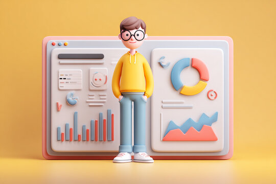A cute 3D cartoon boy with glasses in a yellow hoodie stands confidently before a vibrant data analytics dashboard displaying various charts and interactive elements against a bright yellow background