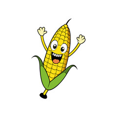 Happy cartoon corn character with arms raised isolated on white background