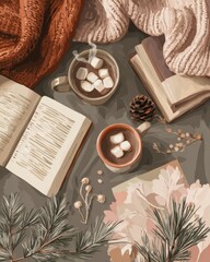 Cozy winter afternoon with warm drinks and a good book surrounded by nature