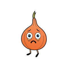 Sad cartoon onion character with big blue eyes and small legs isolated on white background