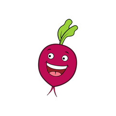 Happy cartoon radish character with big smile isolated on white background
