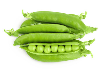 Fresh green pea pod with beans isolated on white background. Top view. Flat lay