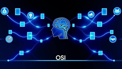 Digital Brain Network with OSI Text and Connected Icons on Black Background head profile - Powered by Adobe