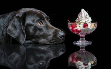 Black Labradors Yearning Gaze at Tempting Ice Cream Sundae with Cherries and Whipped Cream Delightful Dessert Focus