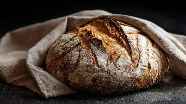 Freshly baked artisan bread emerging from linen cloth, showcasing crusty texture and warmth