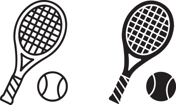 Tennis racket and tennis ball icon set, displaying both a clear outline and a solid black silhouette. essential graphic elements for sports, recreation, fitness, and game-related designs, vector art